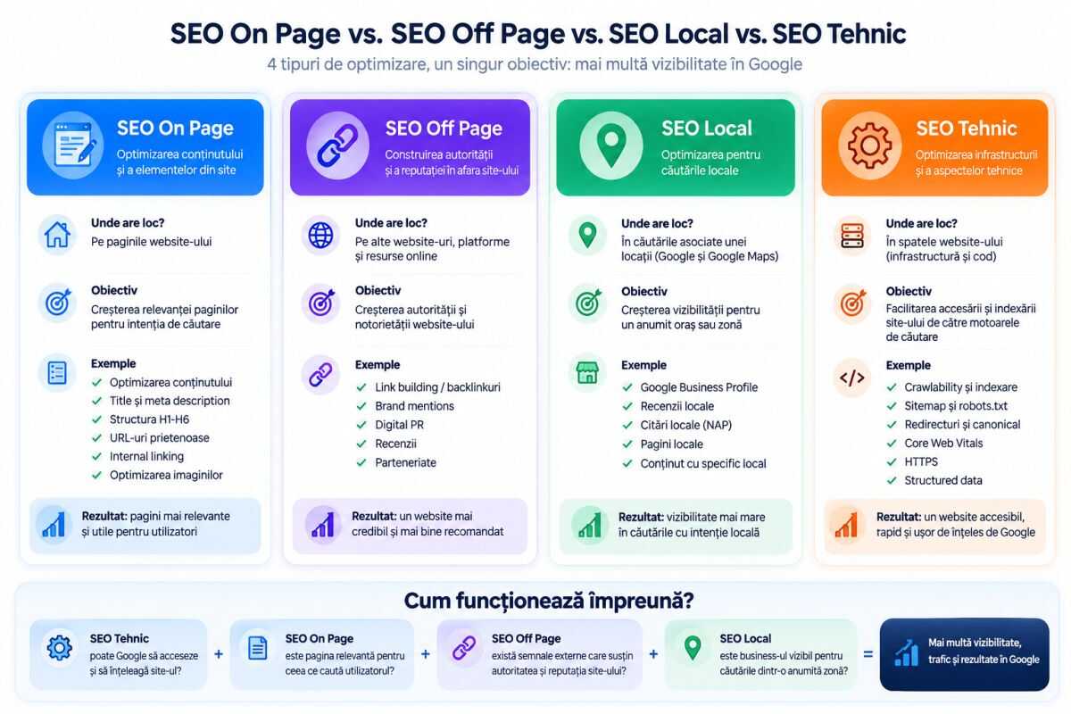Comparatie intre optimizarea seo offpage, onpage, locala si tehnica