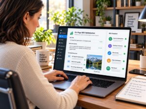 femeie la laptop care face optimizare seo on page