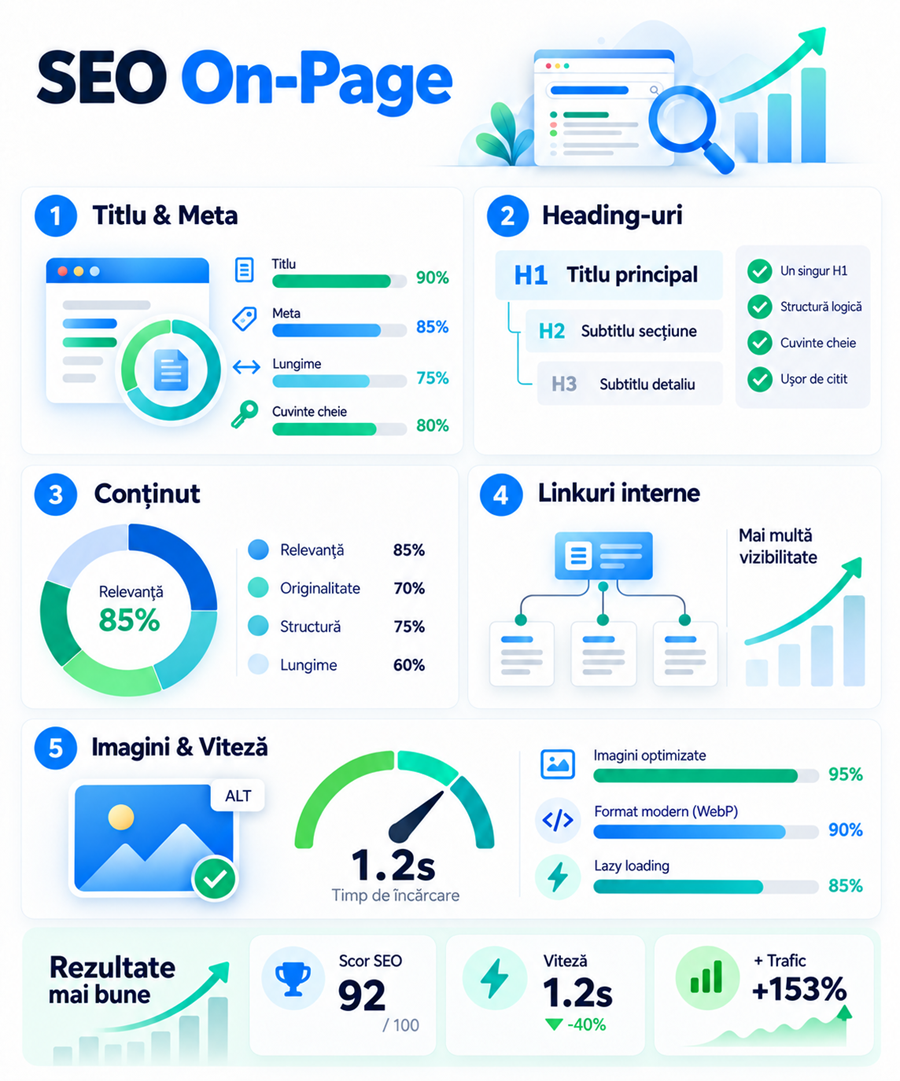 Optimizare SEO On Page: ponturi utile pentru Google și AI 2 infografic cu optimizare seo on page